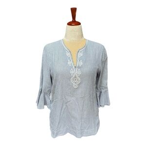 Zac & Rachel Pinstripe Bell Sleeve V-Neck Shirt Top Embroidery Casual Si…